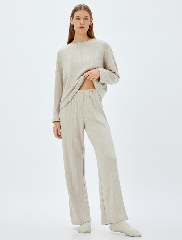  Örme Bol Paça Pijama Altı Saç Örgü Dokulu Rahat Kalıp