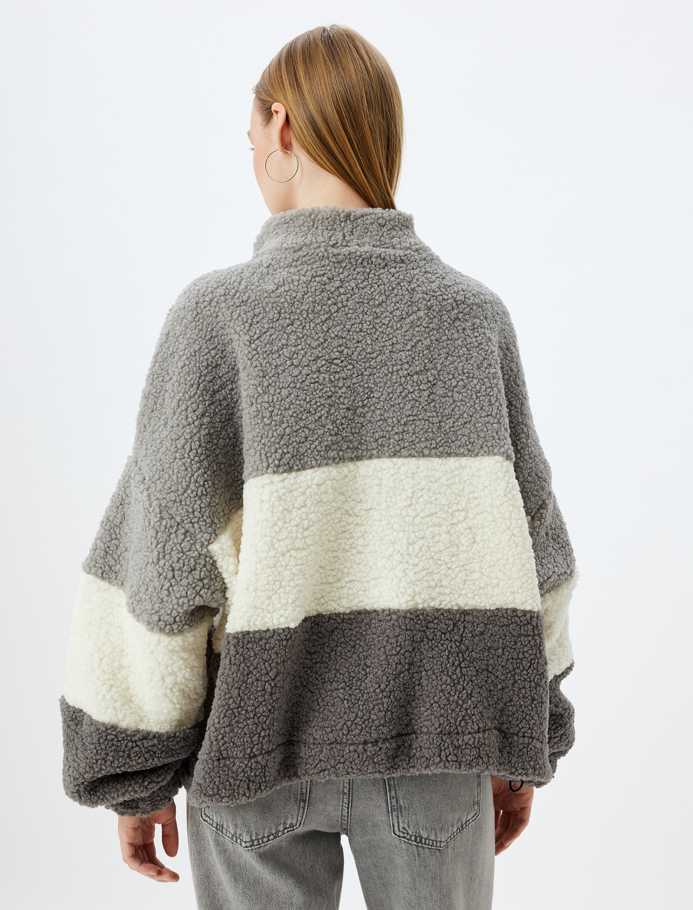 Peluş Sweatshirt Oversize Yarım Fermuarlı Kolej Nakışlı Renk Bloklu