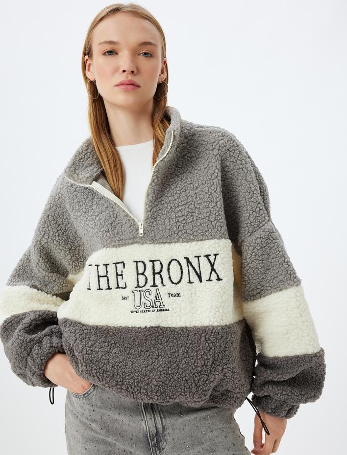  Peluş Sweatshirt Oversize Yarım Fermuarlı Kolej Nakışlı Renk Bloklu