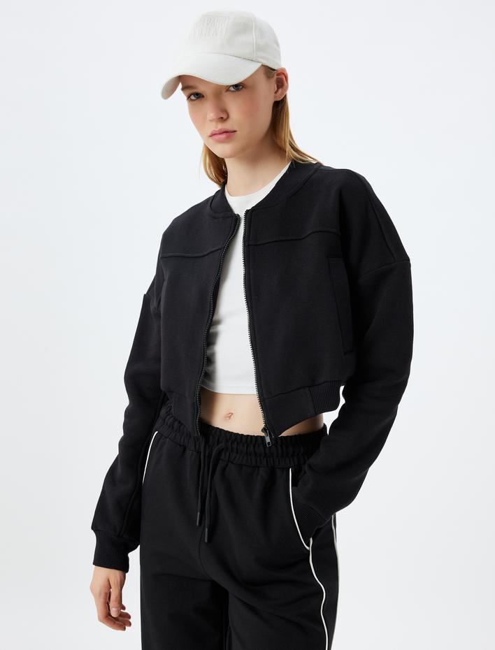  Spor Bomber Yaka Sweatshirt Fermuarlı Dikiş Detaylı Cepli Şardonlu