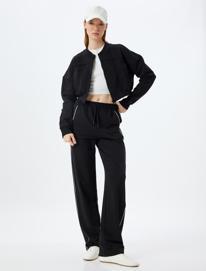  Spor Bomber Yaka Sweatshirt Fermuarlı Dikiş Detaylı Cepli Şardonlu