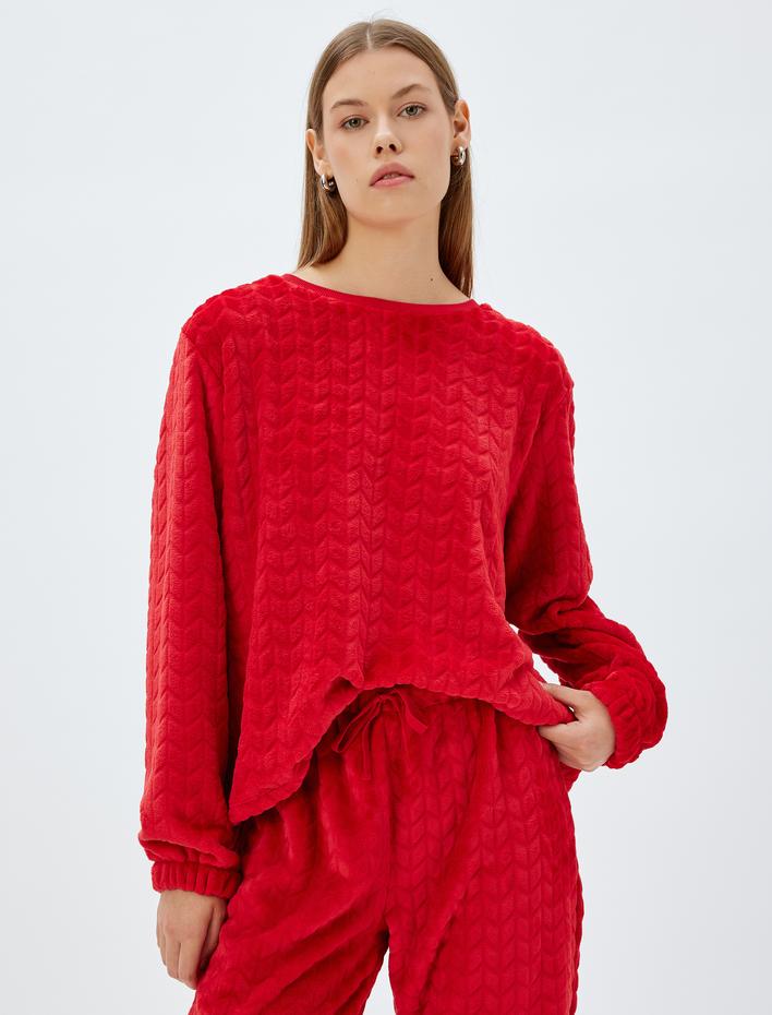  Örme Polar Pijama Üstü Lastikli Manşet Bisiklet Yaka Dokulu