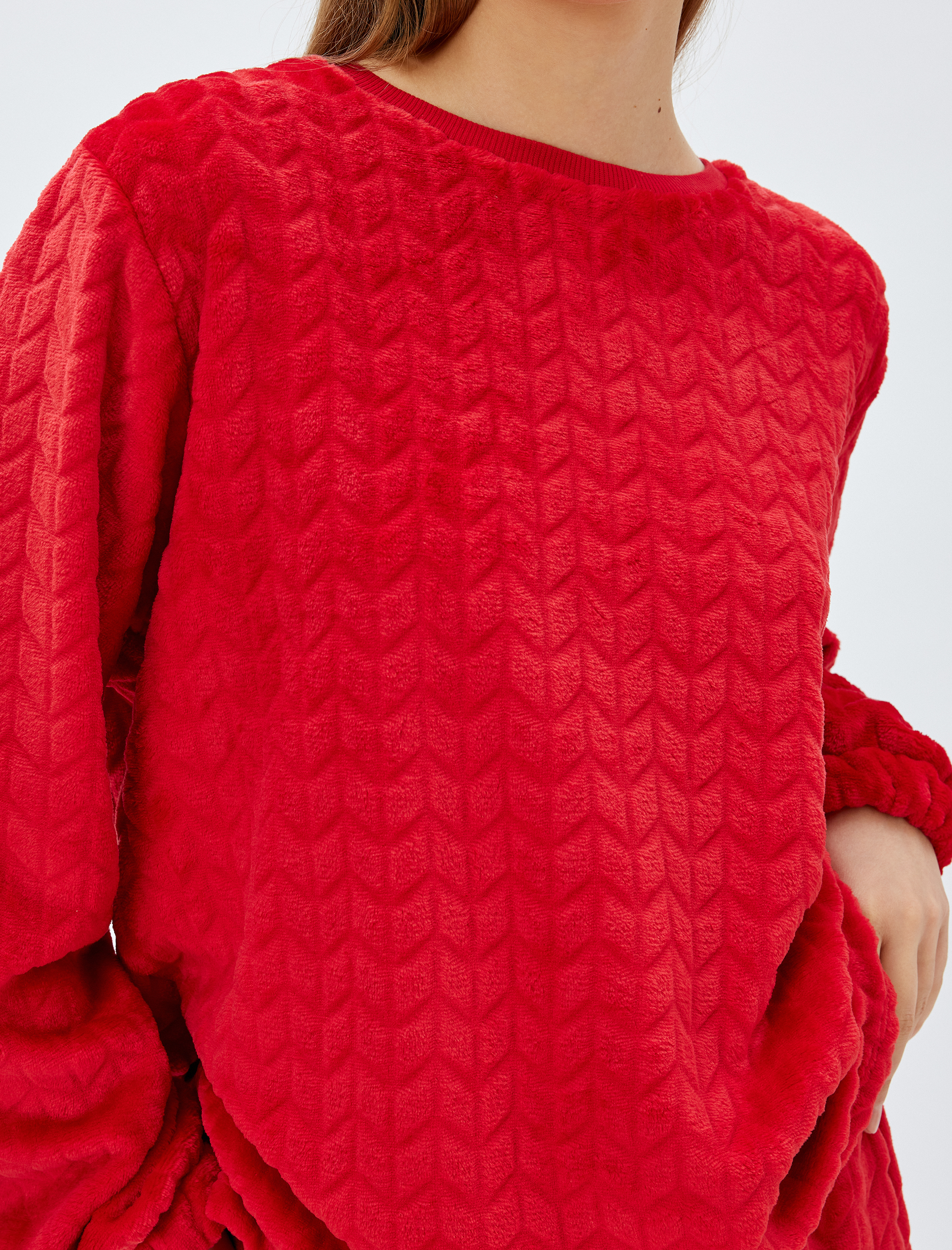 Örme Polar Pijama Üstü Lastikli Manşet Bisiklet Yaka Dokulu