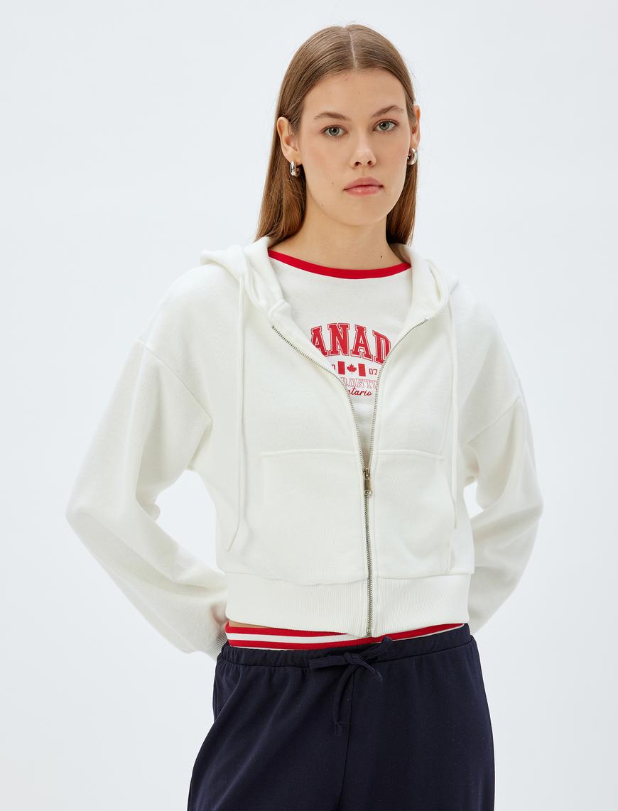   Crop Kapüşonlu Fermuarlı Sweatshirt Cepli Uzun Kollu