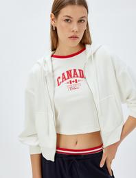 Crop Kapüşonlu Fermuarlı Sweatshirt Cepli Uzun Kollu