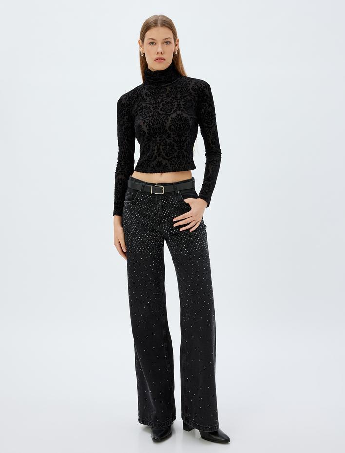  Floral Kadife Crop Body Balıkçı Yaka Uzun Kollu Slim Fit