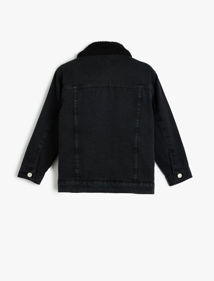 Erkek Çocuk Peluş Detaylı Kot Ceket Cep Detaylı Uzun Kollu Pamuklu
