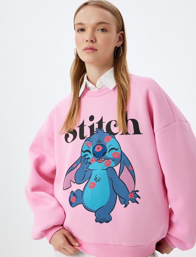 Stitch Oversize Sweatshirt Bisiklet Yaka Şardonlu Baskılı Lisanslı_0