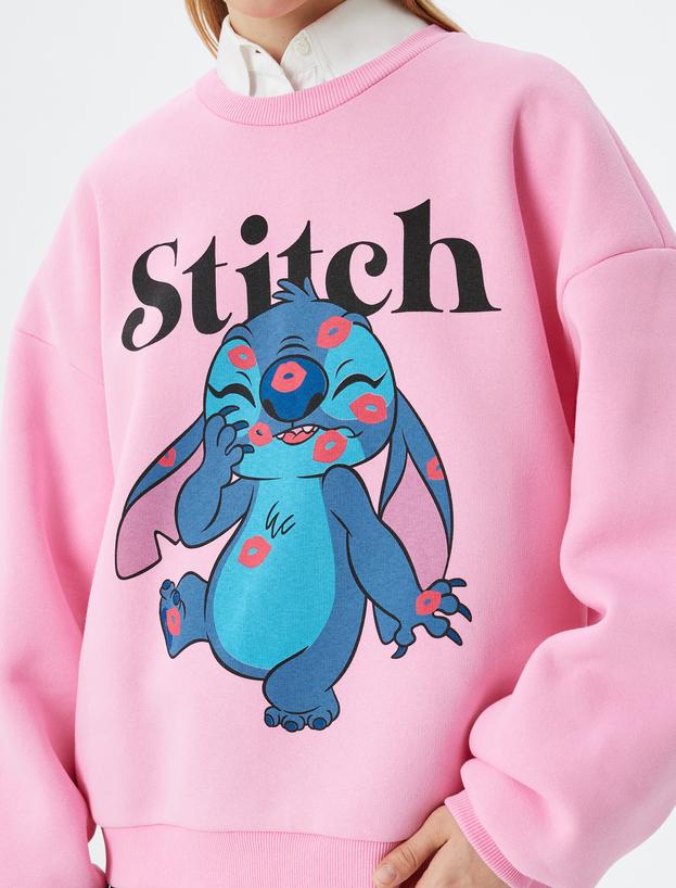 Stitch Oversize Sweatshirt Bisiklet Yaka Şardonlu Baskılı Lisanslı_4