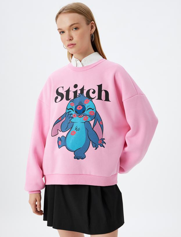 Stitch Oversize Sweatshirt Bisiklet Yaka Şardonlu Baskılı Lisanslı_2