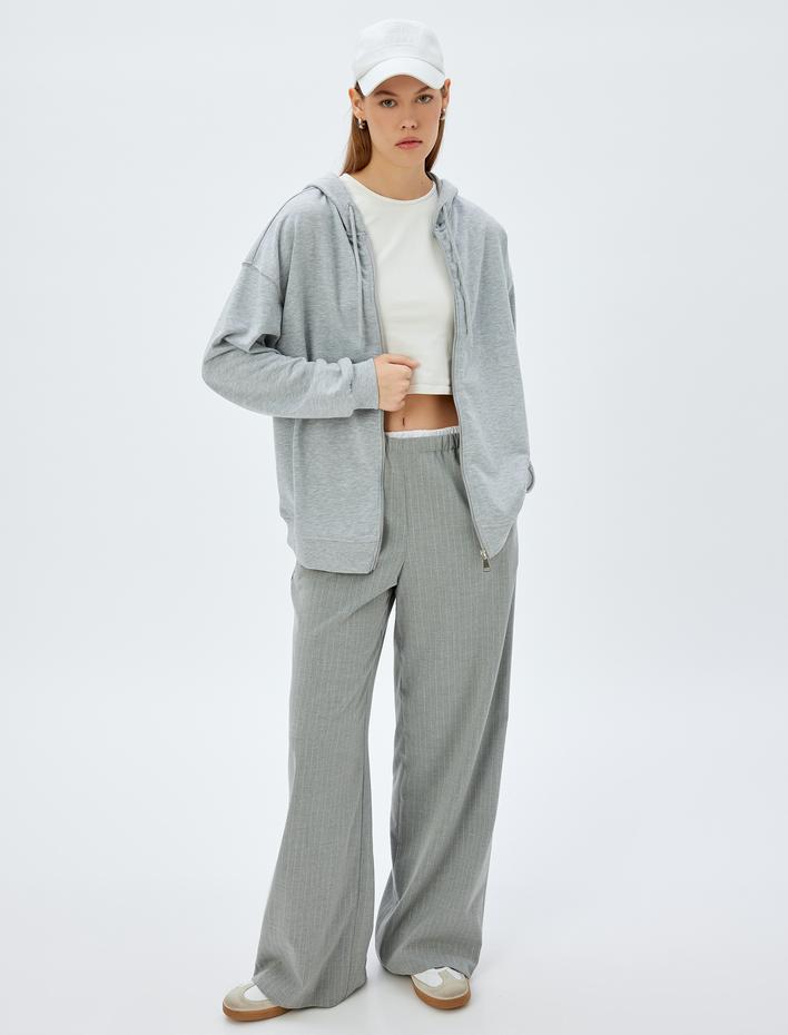  Uzun Kollu Üç İplik Pamuklu Fermuarlı Kapşonlu Sweatshirt