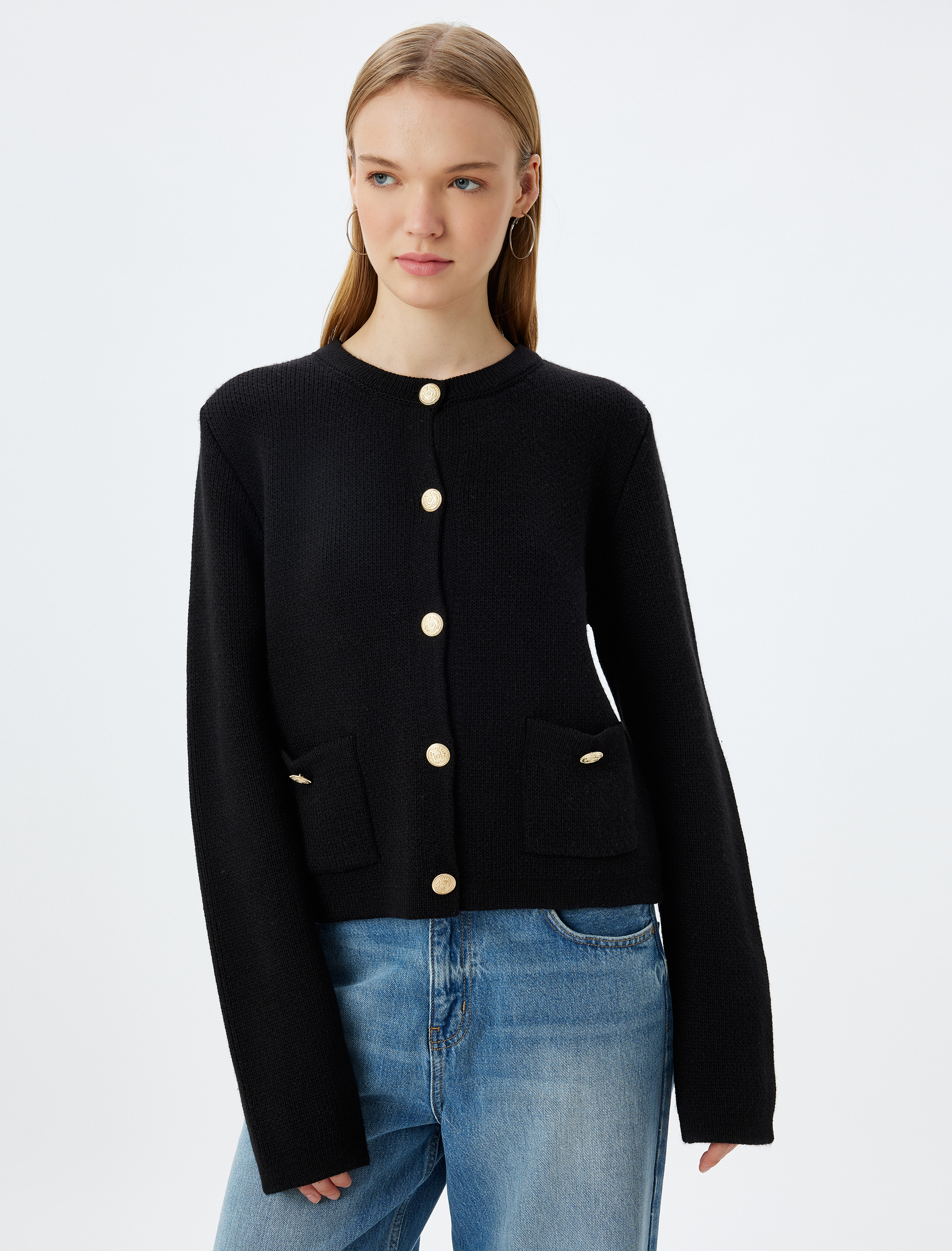 Triko Hırka Bisiklet Yaka Cep Detaylı Düğmeli