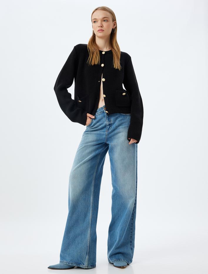  Triko Hırka Bisiklet Yaka Cep Detaylı Düğmeli