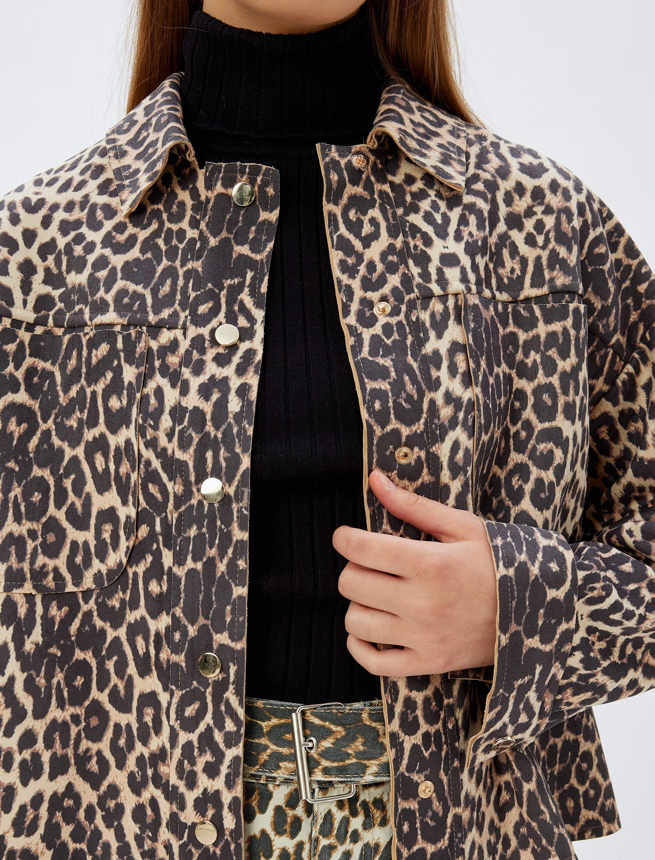   Leopar Mevsimlik Ceket Gömlek Yaka Cepli Çıt Çıt Düğmeli