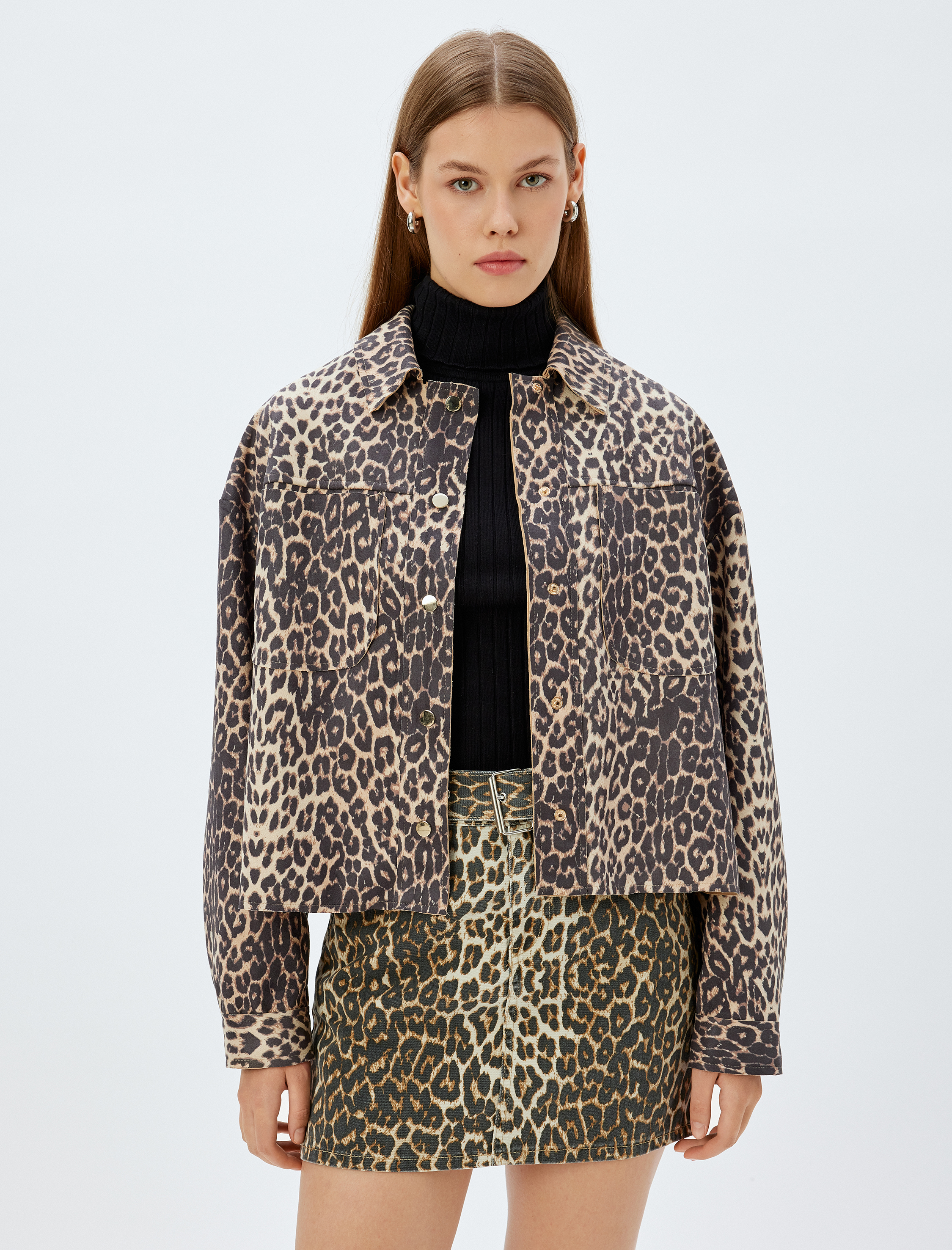   Leopar Mevsimlik Ceket Gömlek Yaka Cepli Çıt Çıt Düğmeli