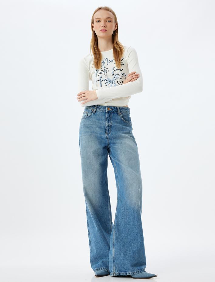  Uzun Kollu Tişört Fiyonklu Slogan Baskılı Bisiklet Yaka Slim Fit