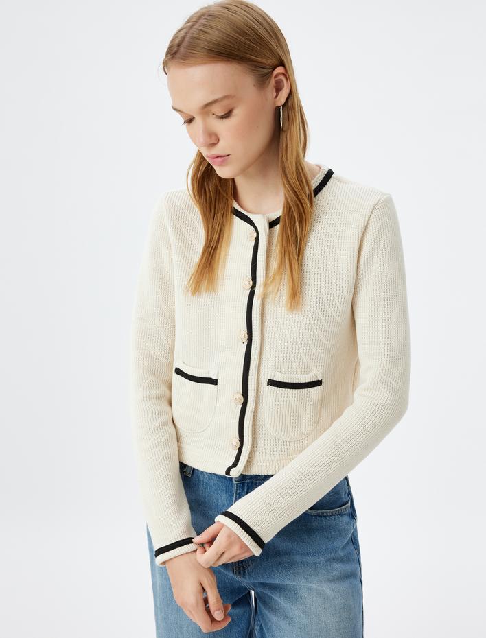  Bisiklet Yaka Hırka Biyeli Düğmeli Cep Detaylı Slim Fit