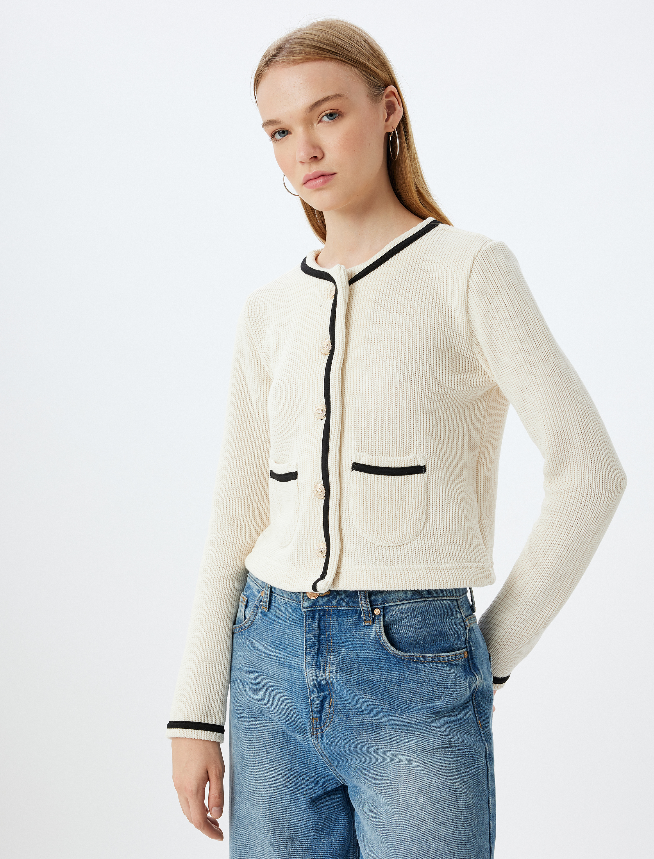   Bisiklet Yaka Hırka Biyeli Düğmeli Cep Detaylı Slim Fit