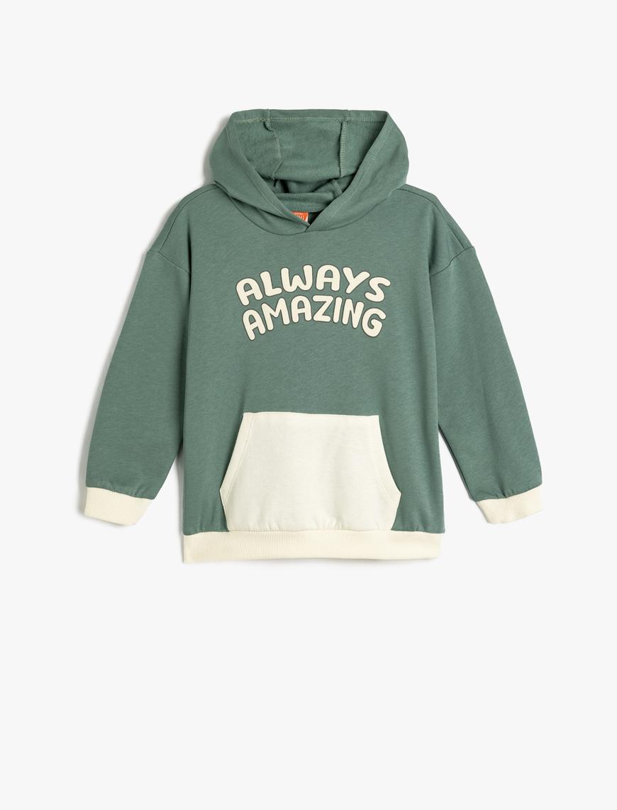  Erkek Bebek Kapşonlu Sweatshirt Slogan Baskılı Kanguru Cepli Pamuklu Şardonlu