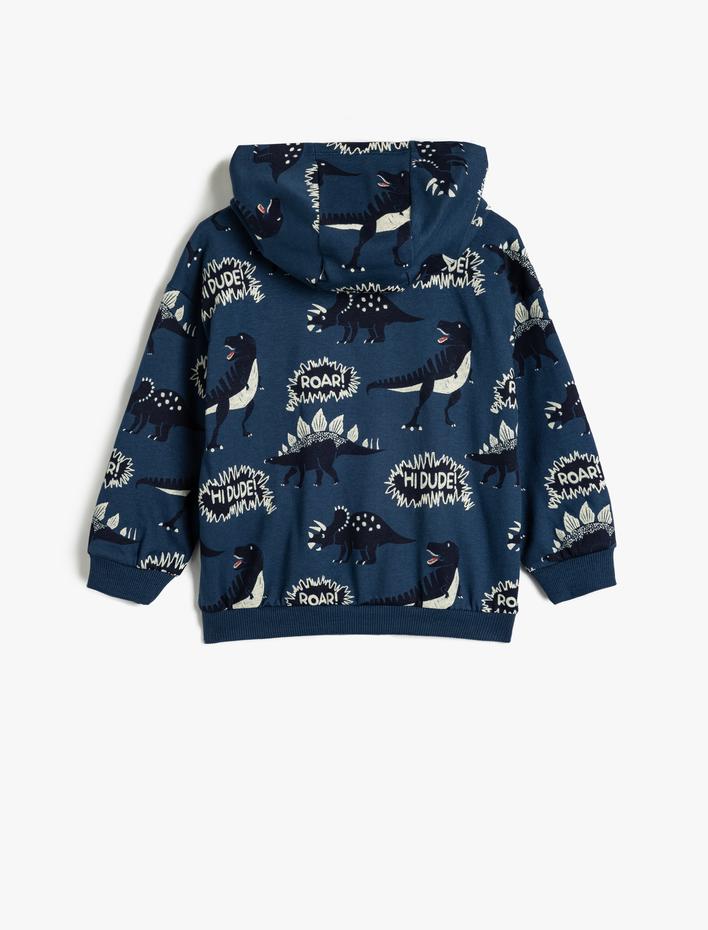 Erkek Bebek Kapşonlu Sweatshirt Dinozor Baskılı Fermuarlı Pamuklu Şardonlu
