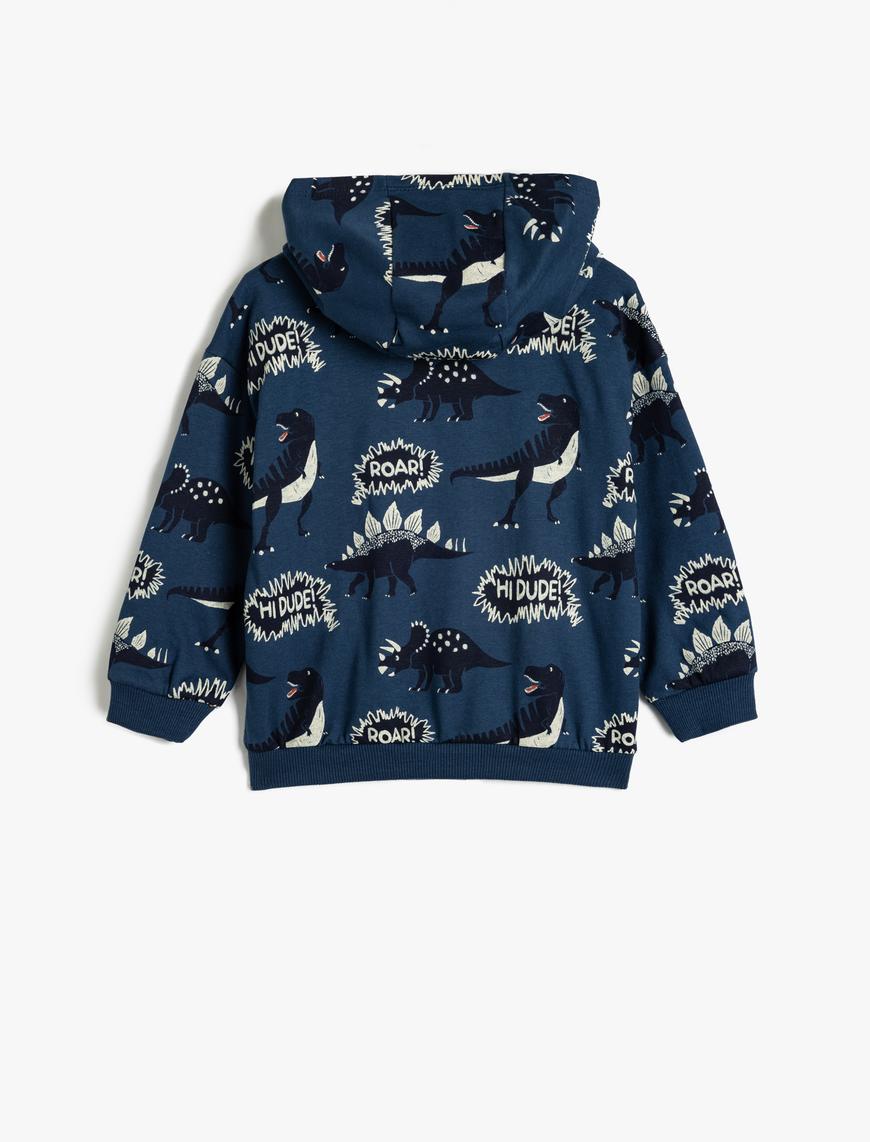  Erkek Bebek Kapşonlu Sweatshirt Dinozor Baskılı Fermuarlı Pamuklu Şardonlu