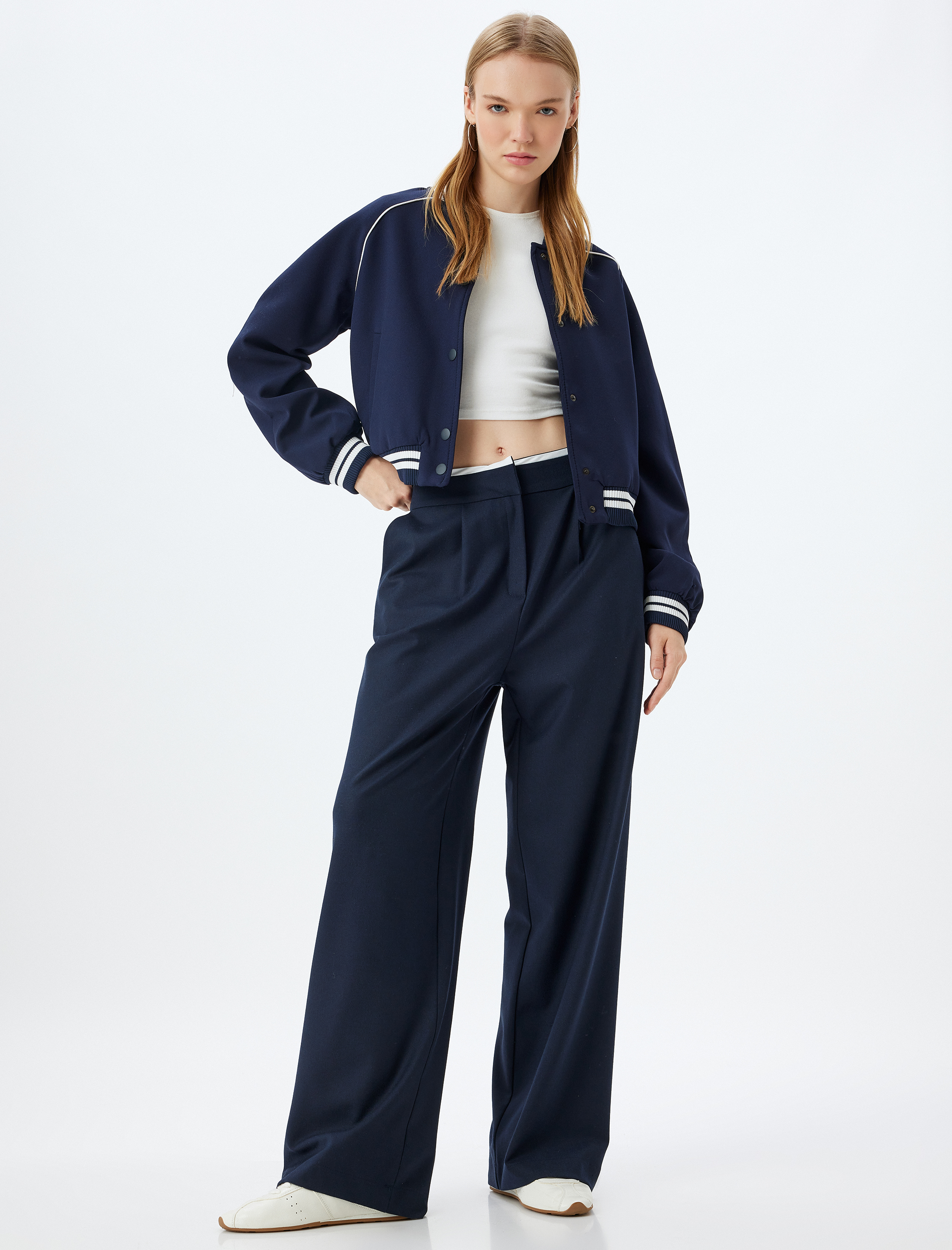   Oversize Pantolon Bol Paça Düğmeli Beli Lastikli Şerit Detaylı Cepli