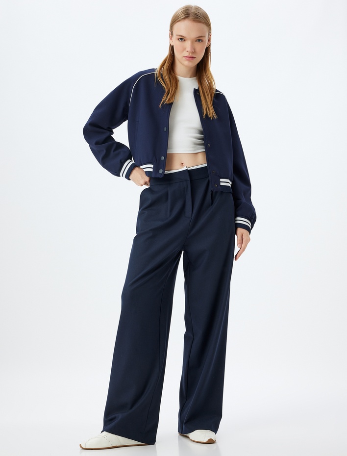  Oversize Pantolon Bol Paça Düğmeli Beli Lastikli Şerit Detaylı Cepli