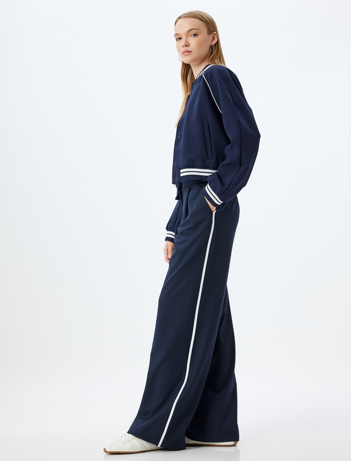  Oversize Pantolon Bol Paça Düğmeli Beli Lastikli Şerit Detaylı Cepli