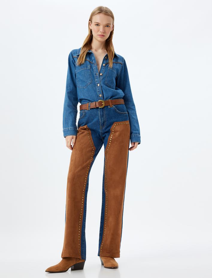  Kot Gömlek Uzun Kollu Suni Deri Detaylı Cepli Klasik Yaka Düğmeli