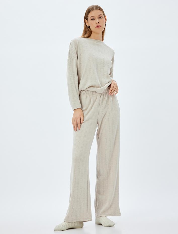  Örme Pijama Üstü Saç Örgü Dokulu Bisiklet Yaka Rahat Kalıp