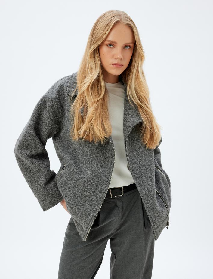  Peluş Kısa Kaban Ceket Yaka Fermuarlı Cepli