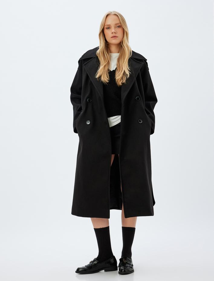  Uzun Kaşe Kaban Kruvaze Cepli