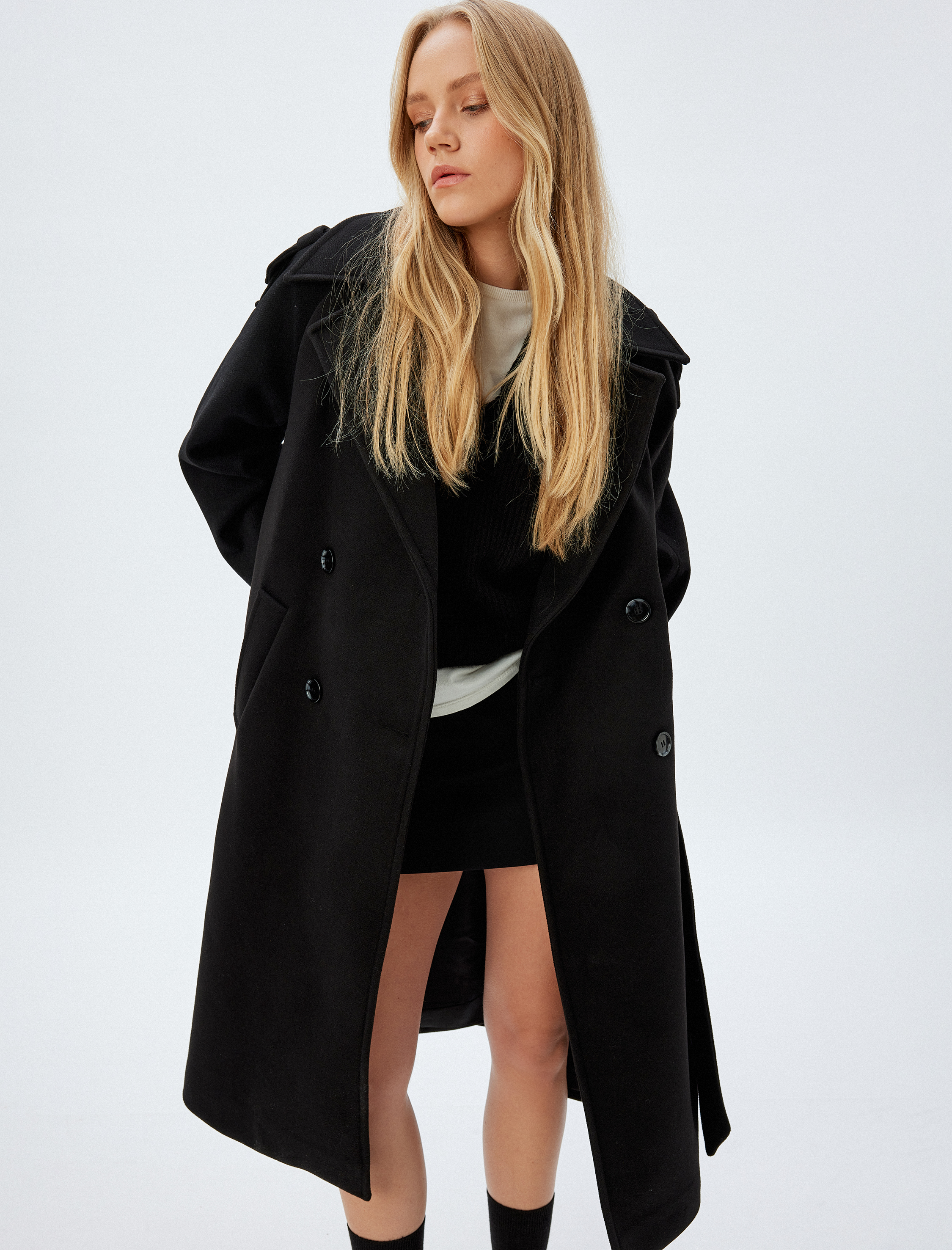   Uzun Kaşe Kaban Kruvaze Cepli