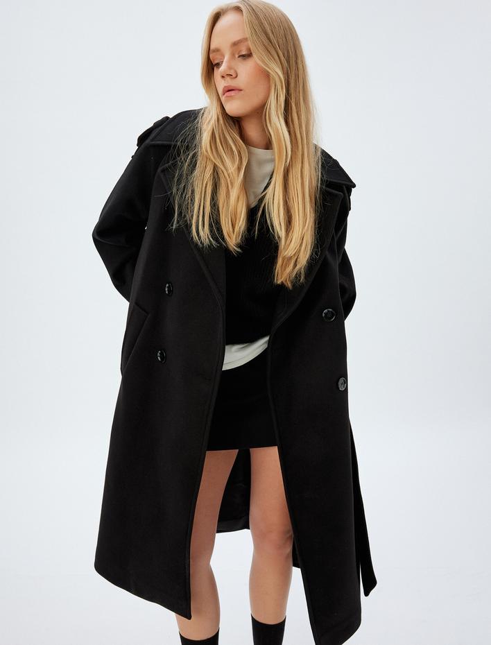  Uzun Kaşe Kaban Kruvaze Cepli