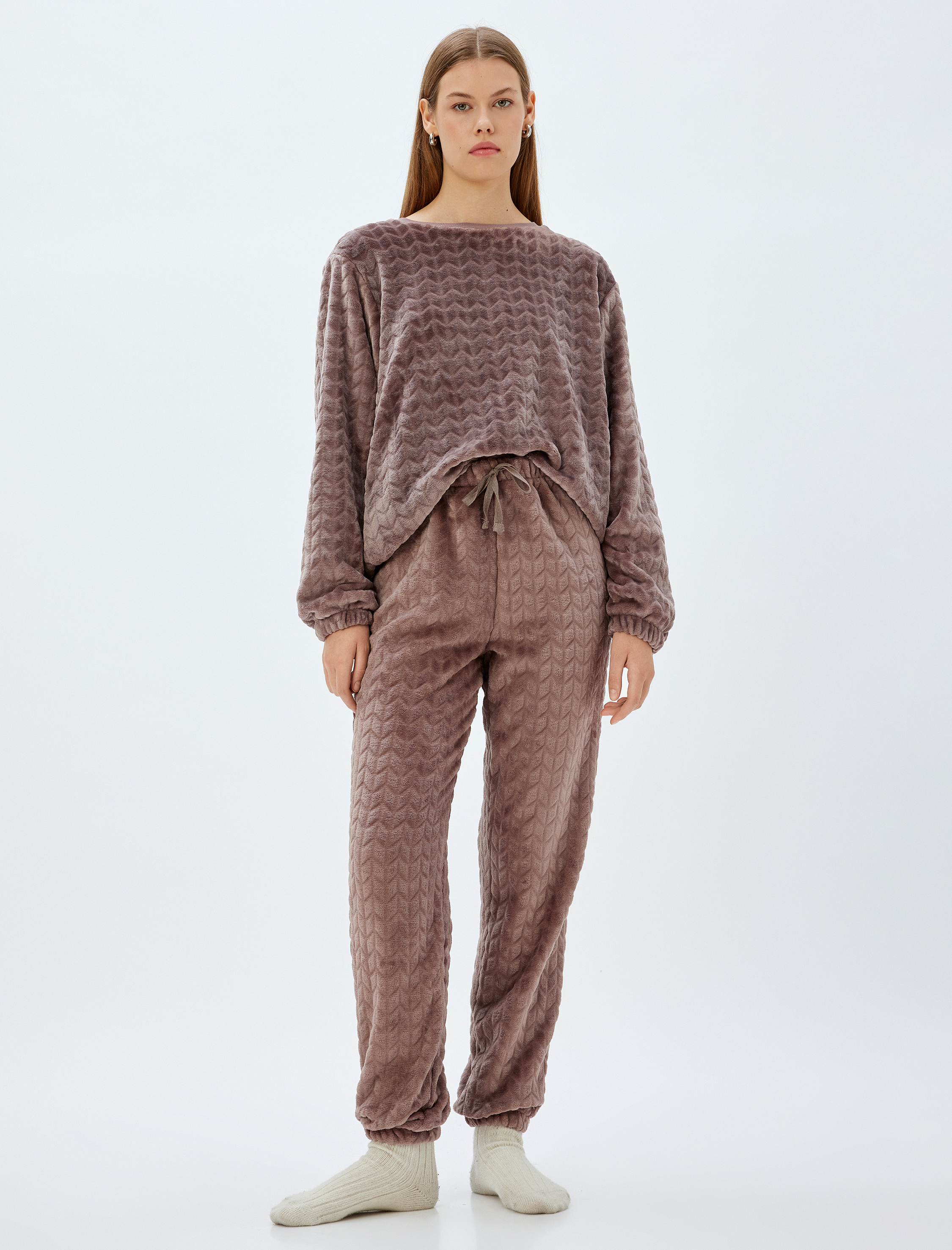 Örme Polar Pijama Üstü Lastikli Manşet Bisiklet Yaka Dokulu