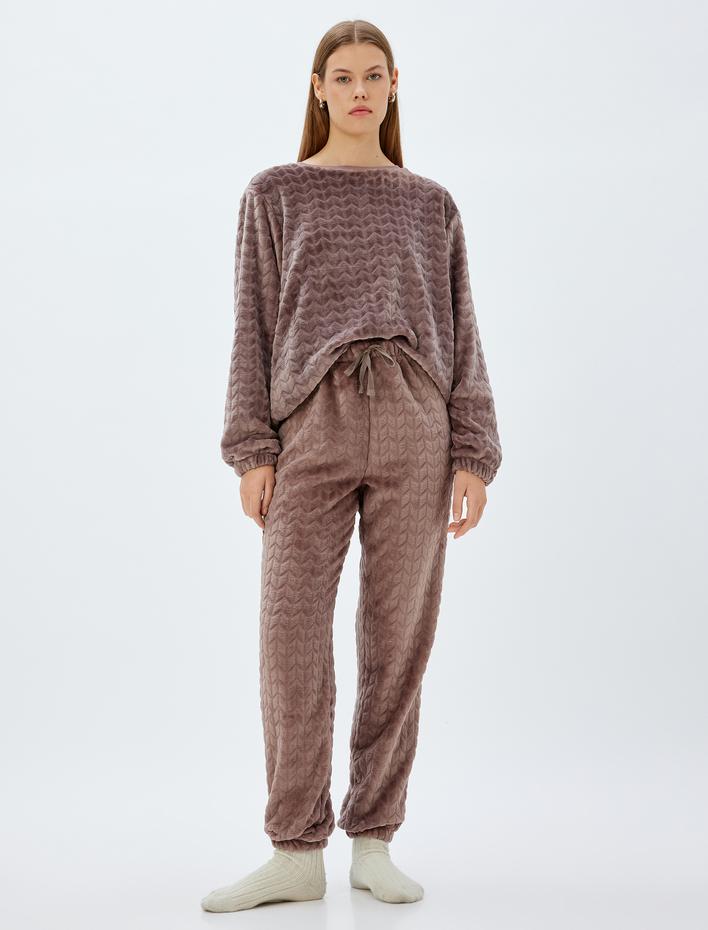  Örme Polar Pijama Üstü Lastikli Manşet Bisiklet Yaka Dokulu