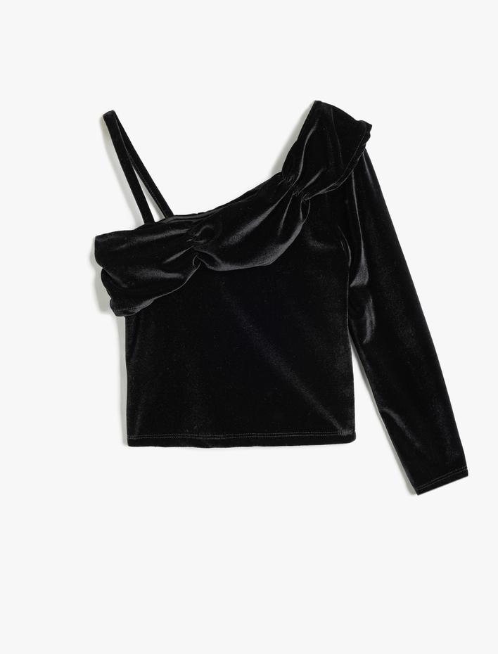 Kız Çocuk Tek Omuzlu Kadife Bluz Askılı Detaylı