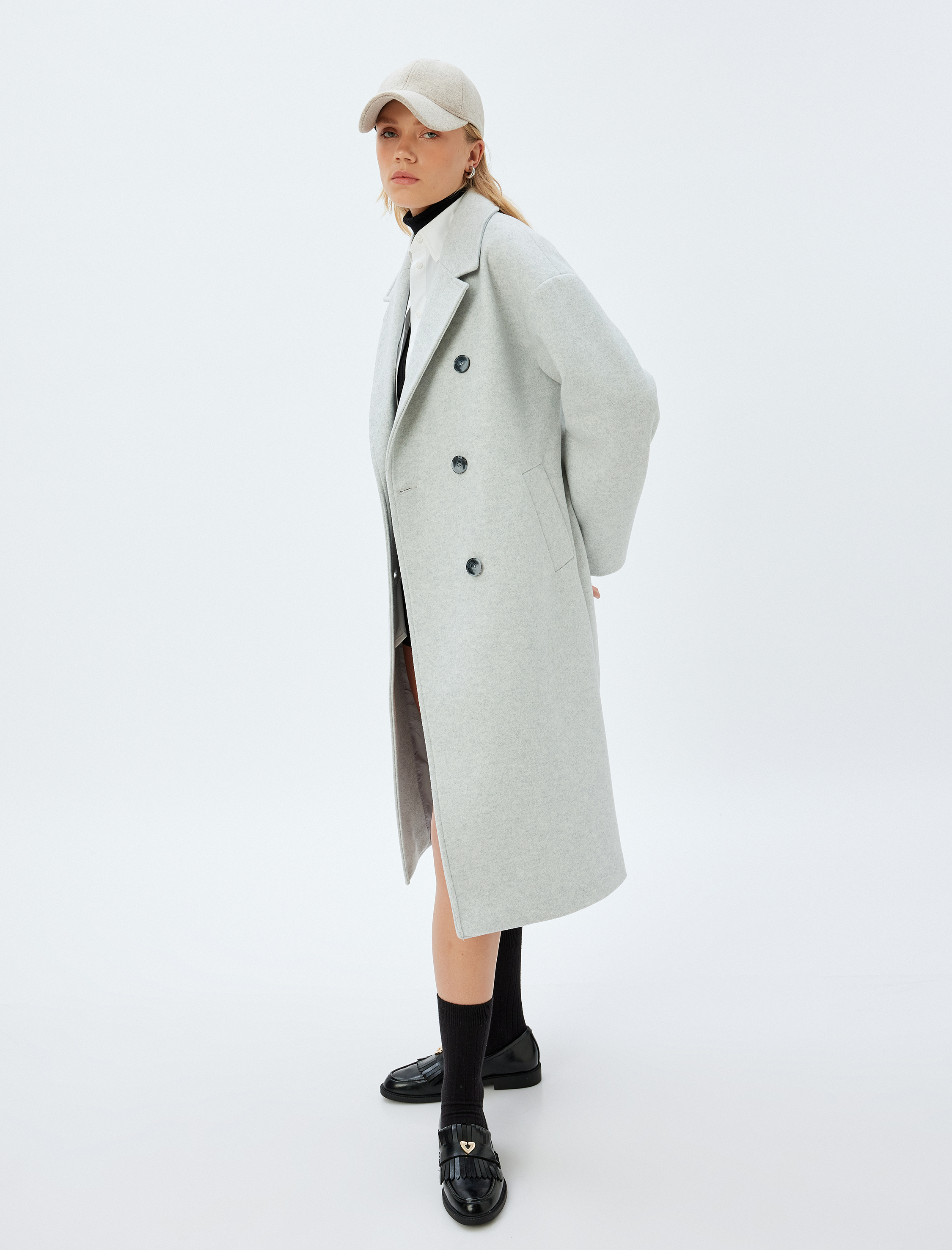 Cepli Uzun Kruvaze Kaşe Oversize Kaban
