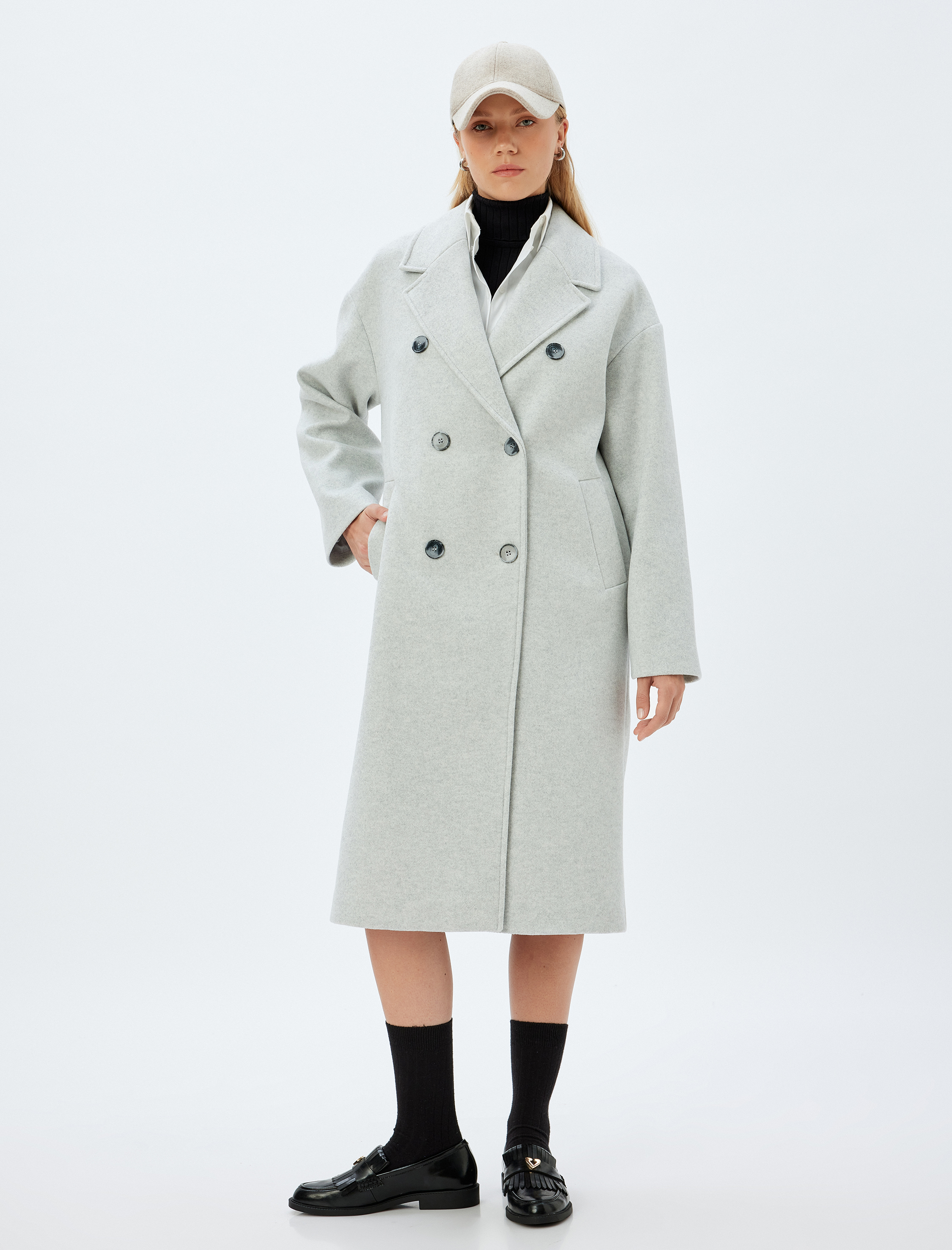 Cepli Uzun Kruvaze Kaşe Oversize Kaban