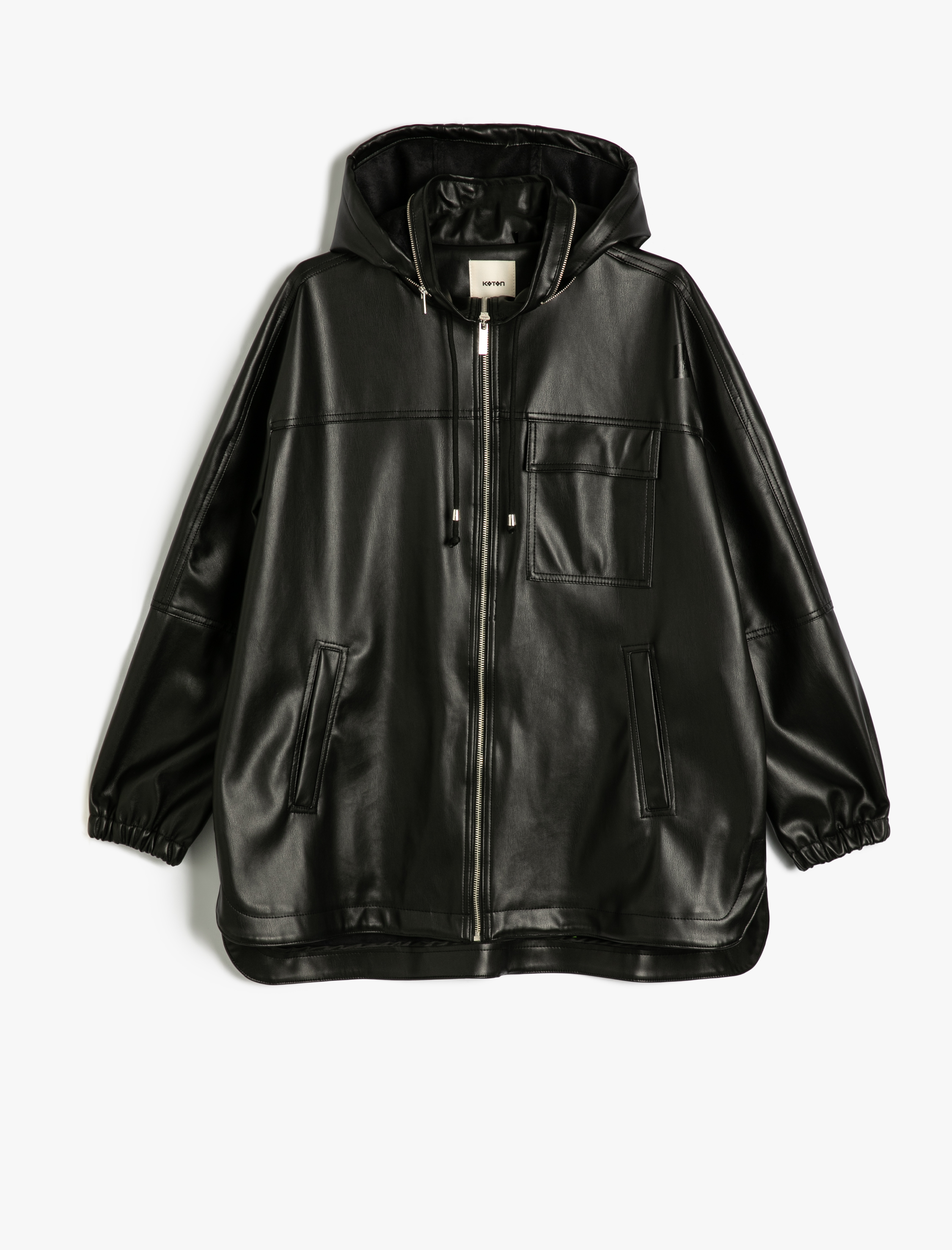 Fermuarlı Cepli Kapüşonlu Deri Görünümlü Yağmurluk