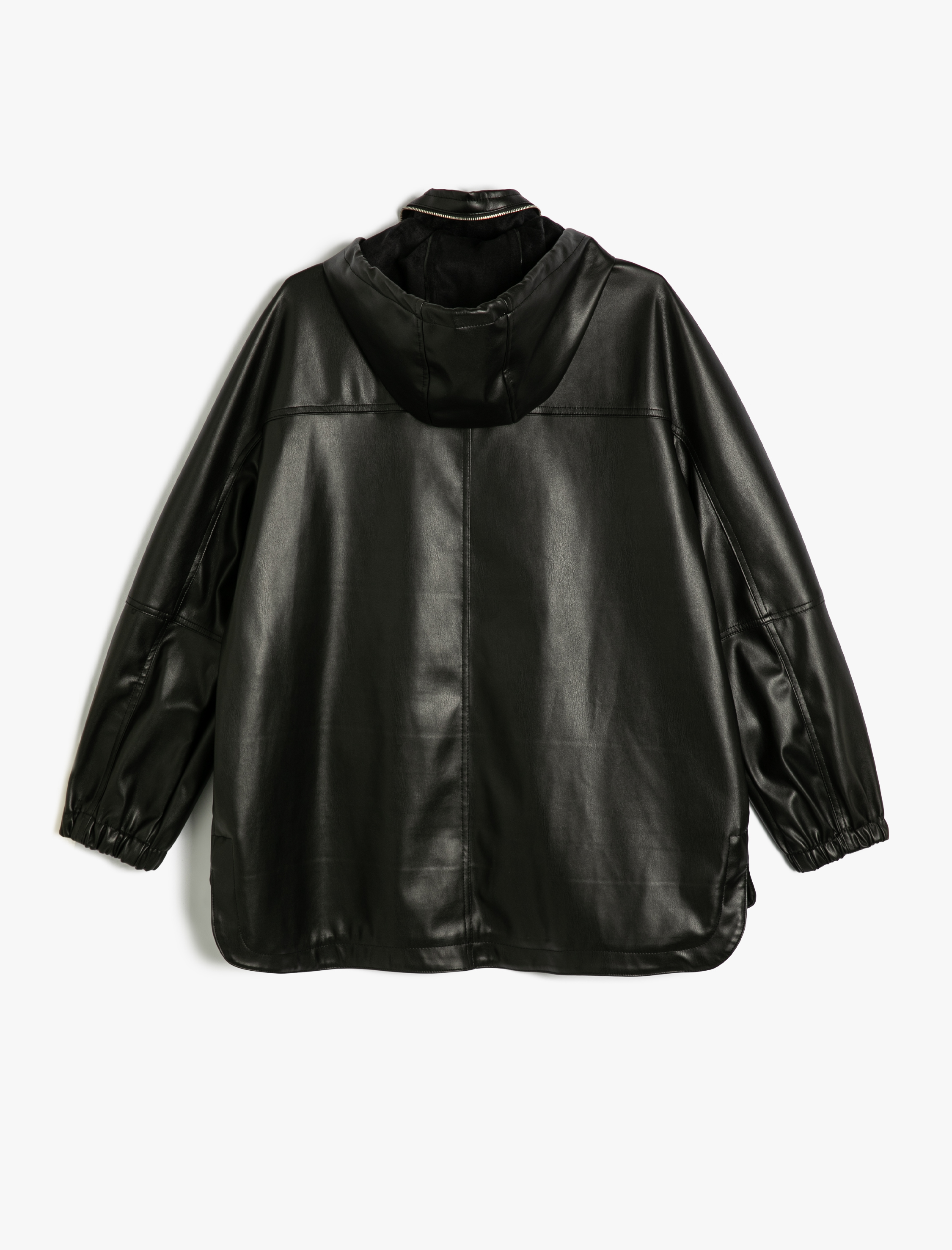 Fermuarlı Cepli Kapüşonlu Deri Görünümlü Yağmurluk