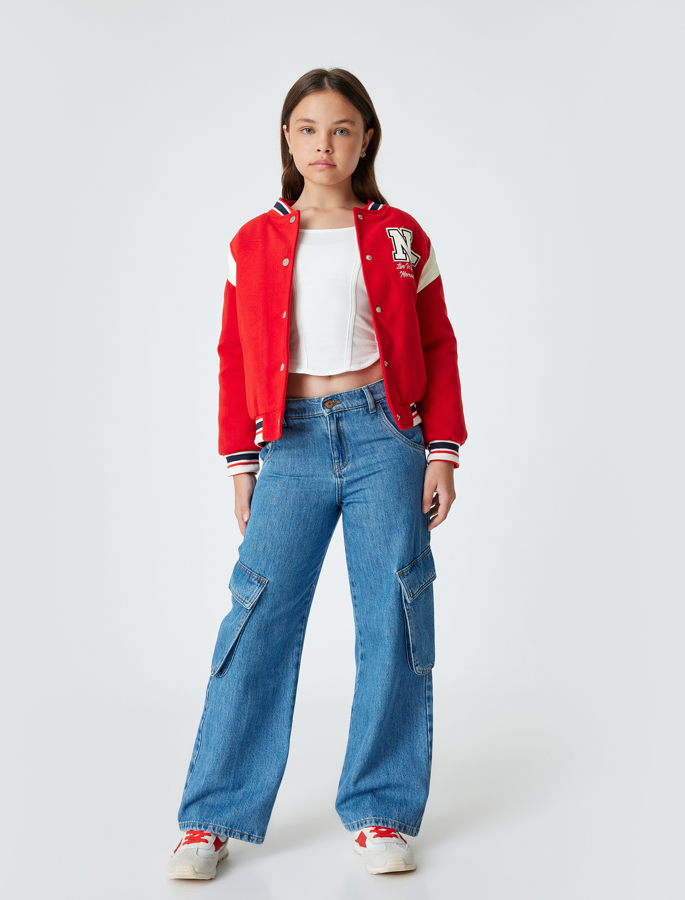  Kız Çocuk Cep Detaylı Uzun Kollu Renk Bloklu Oversize Kolej Ceket