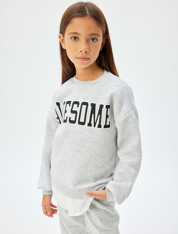 Kız Çocuk Sweatshirt Baskılı Bisiklet Yaka Gömlek Etek Ucu Detaylı Şardonlu