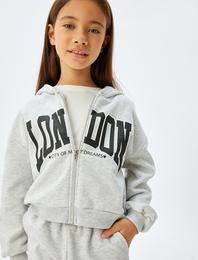 Fermuarlı Crop Sweatshirt Kapşonlu Baskı Detaylı Şardonlu