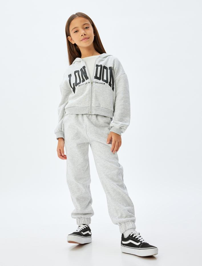 Kız Çocuk Fermuarlı Crop Sweatshirt Kapşonlu Baskı Detaylı Şardonlu