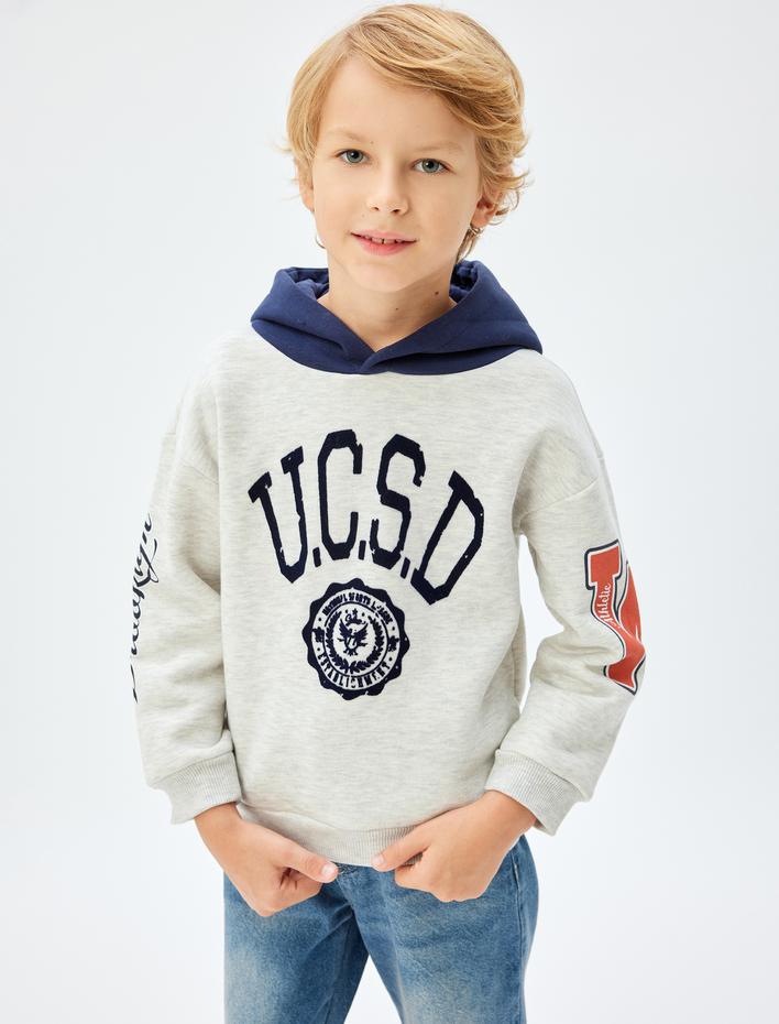 Erkek Çocuk Kapşonlu Sweatshirt Baskılı Uzun Kollu Renk Bloklu Şardonlu