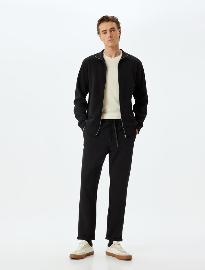  Şardonlu Pamuk Karışımlı Cep Detaylı Fermuarlı Dik Yaka Hırka