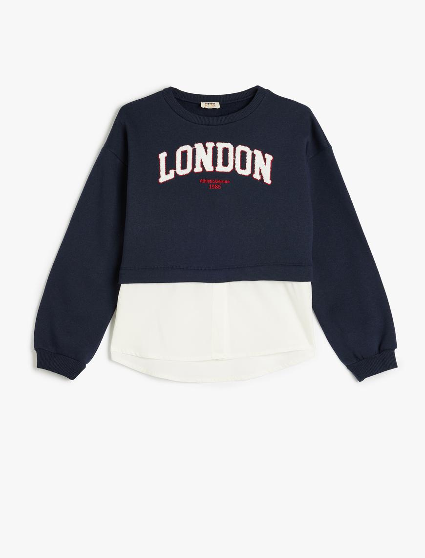  Kız Çocuk Sweatshirt London Şehir Baskılı Bisiklet Yaka Gömlek Etek Ucu Detaylı Şardonlu