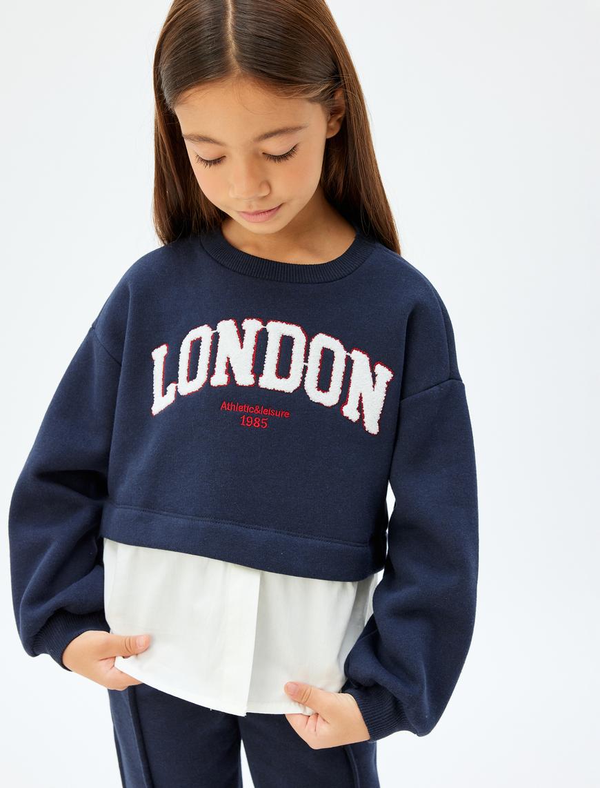  Kız Çocuk Sweatshirt London Şehir Baskılı Bisiklet Yaka Gömlek Etek Ucu Detaylı Şardonlu