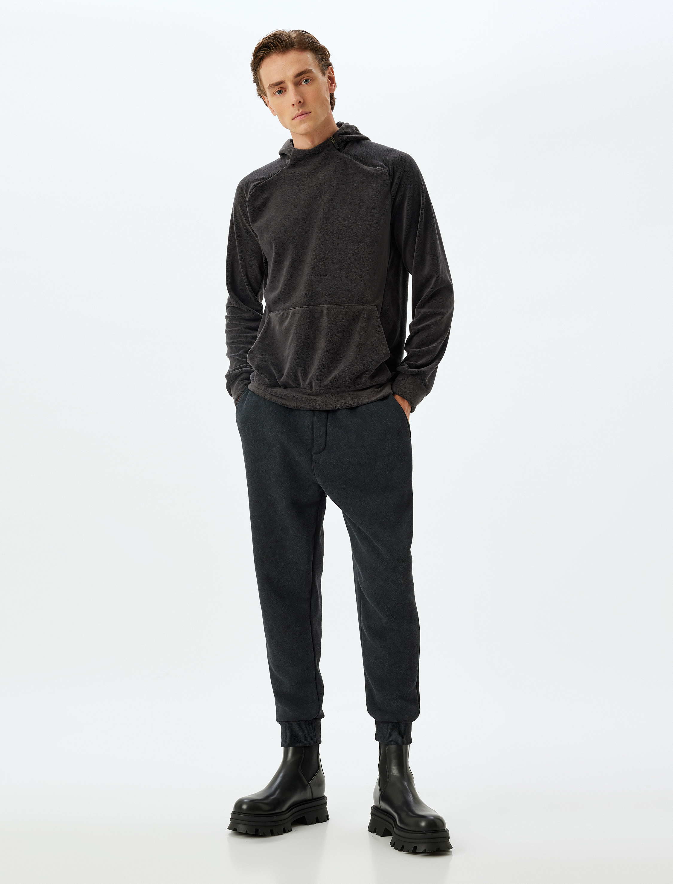   Spor Sweatshirt Boxy Kapşonlu Polar Kalın Kumaşlı Fermuar Detaylı Kanguru Cepli